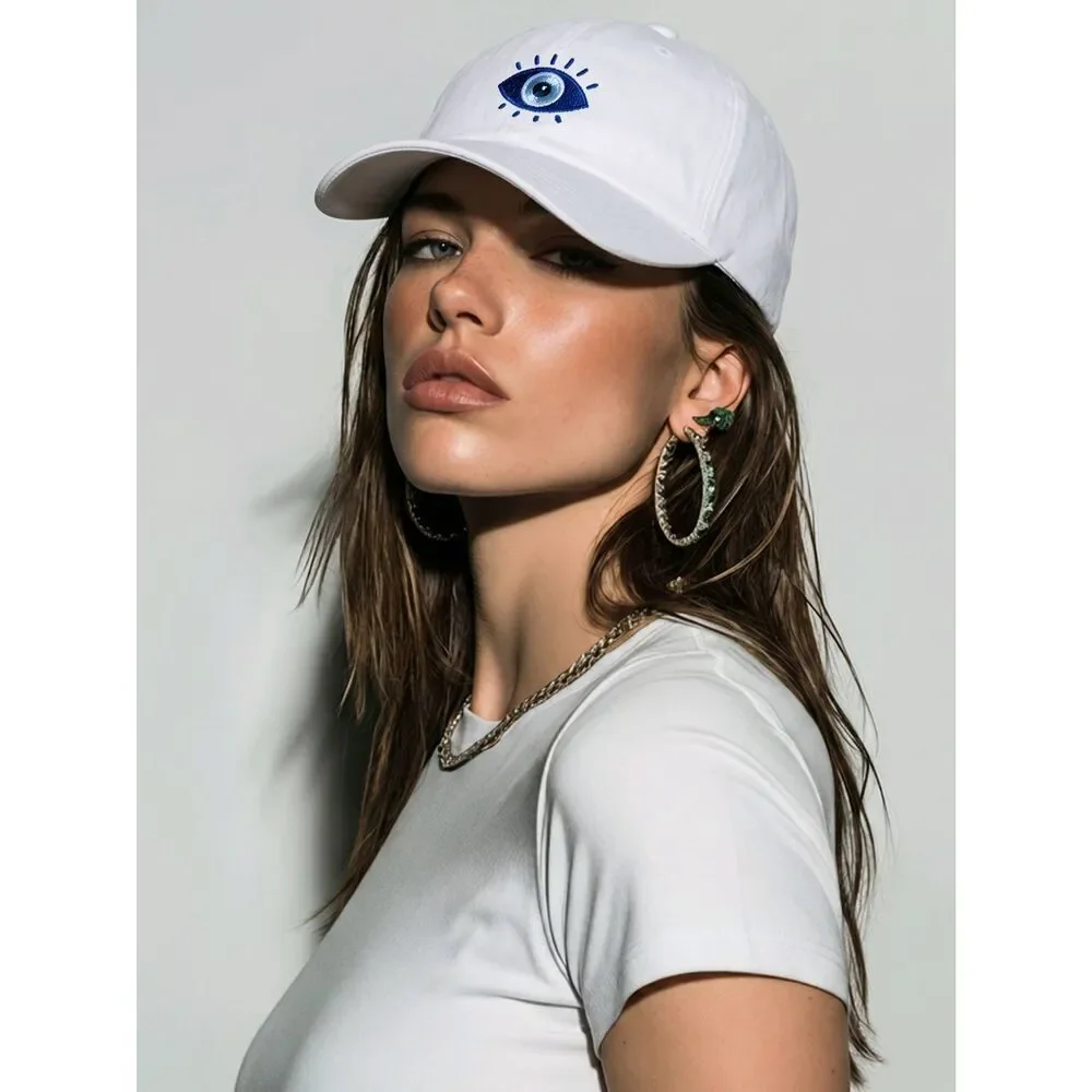 🔹️NWT David & Young White w/Blue Embroidered Evil Eye Hat One Size